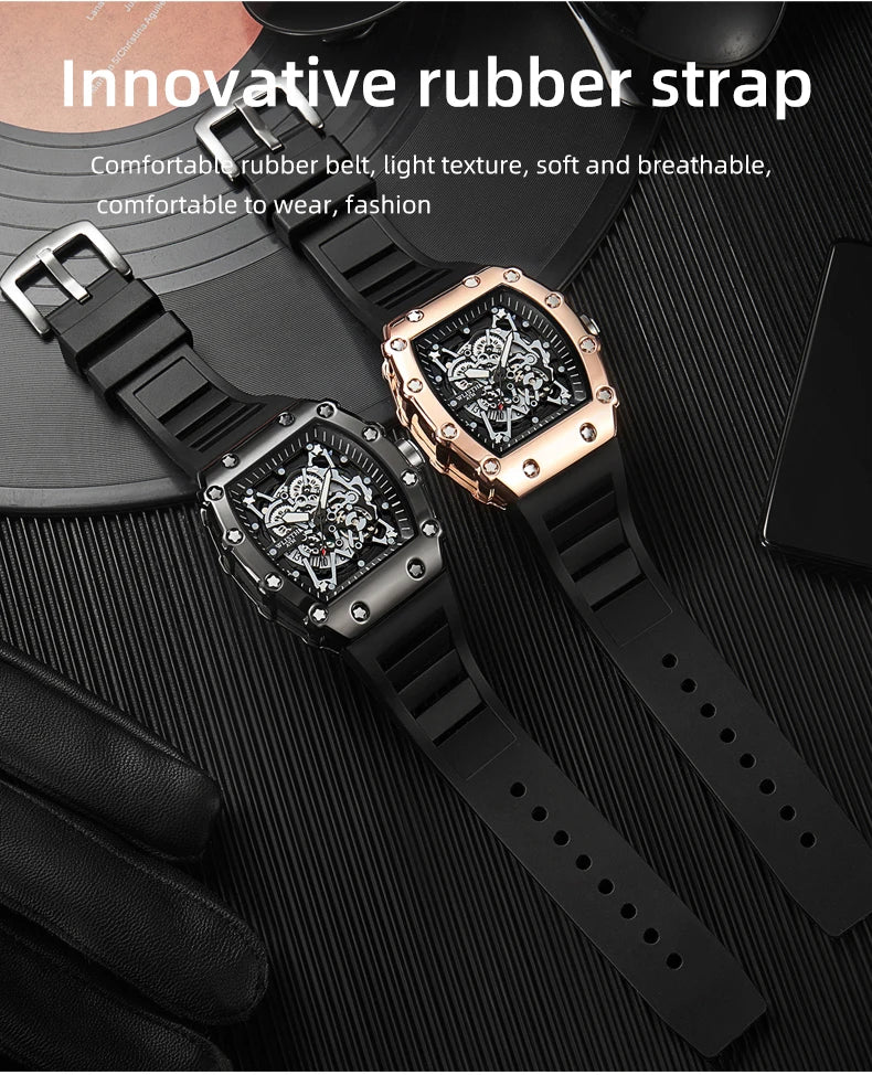 Men's Watch Fashion Automatic Movement Barrel Luminous Waterproof Clock Sports Male's Silicone Strap Quartz Wristwatch New