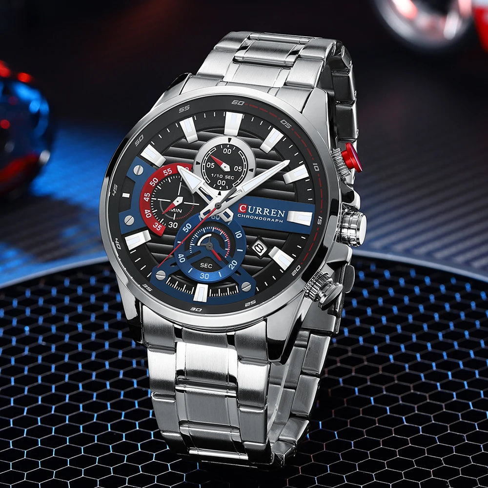 CURREN Men’s Sports Casual Quartz Watch – Stainless Steel Chronograph with Auto Date