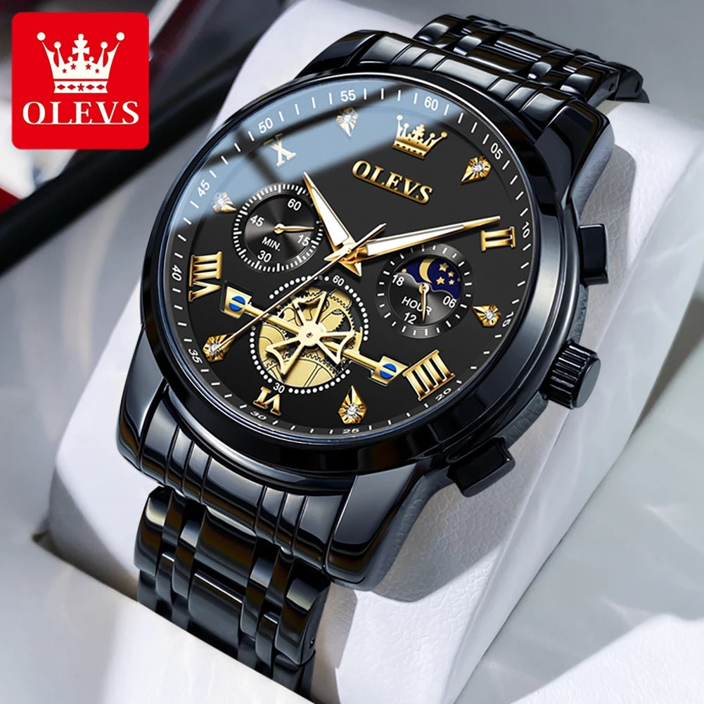 OLEVS Luxury Flywheel Design Couple Wristwatch Chronograph Waterproof Moon Phase Watch Brand Original Quartz Watch for Men Women