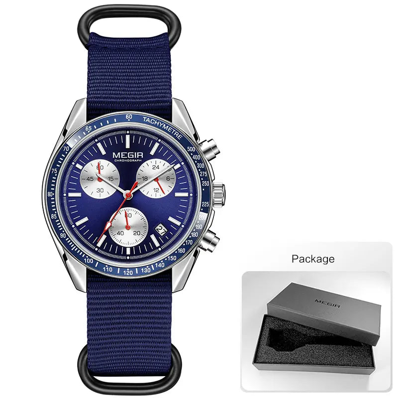 MEGIR New Men's Nylon Braided Strap Waterproof Night-light Sports Quartz Watch with Chronograph Fashion Triple-eye Wristwatch wi