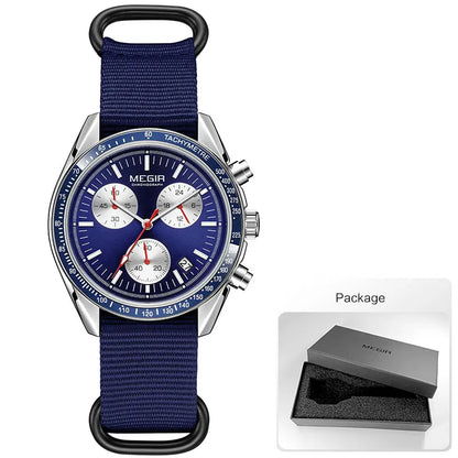 MEGIR New Men's Nylon Braided Strap Waterproof Night-light Sports Quartz Watch with Chronograph Fashion Triple-eye Wristwatch wi