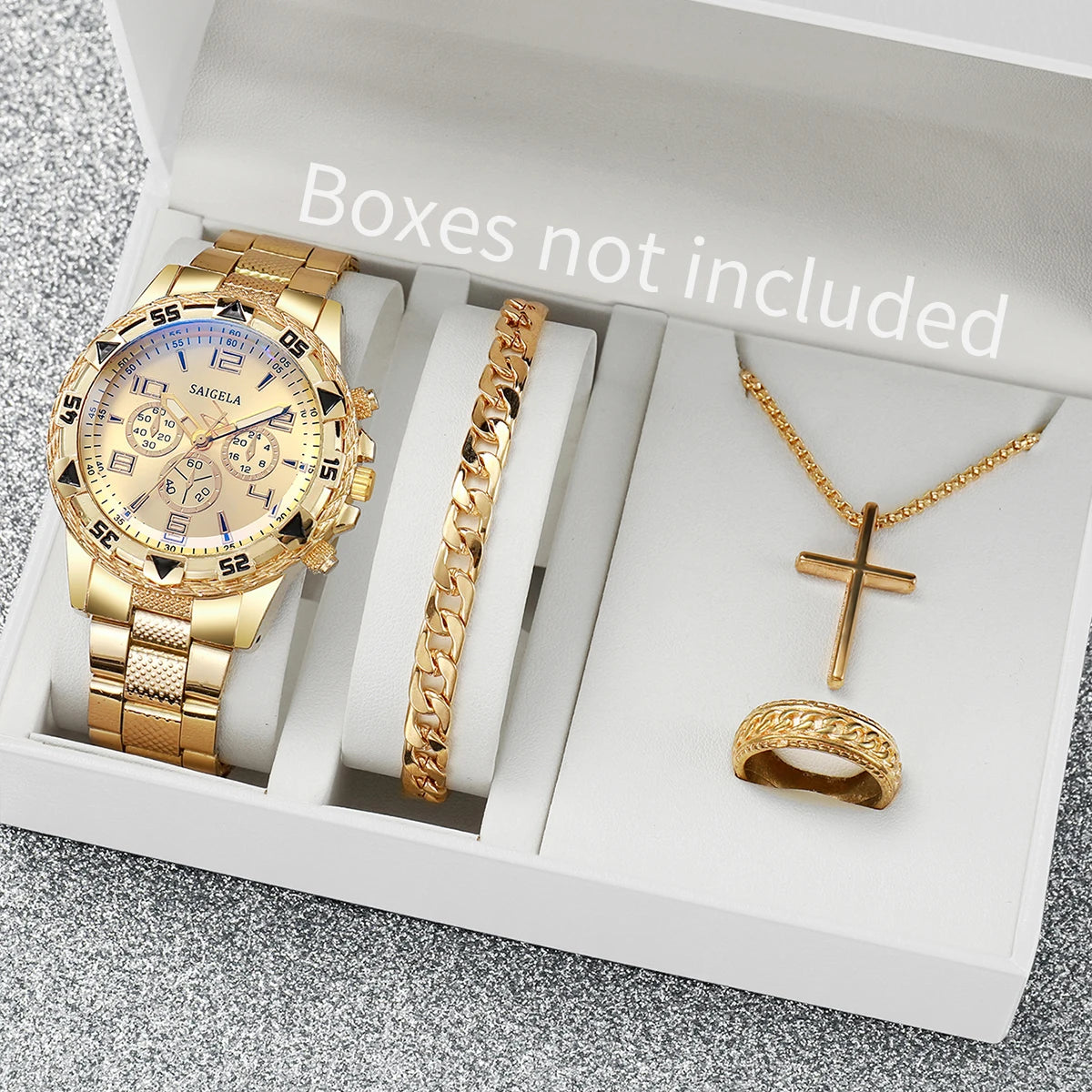 Luxorive Regal Gold Set – 4‑Piece Men’s Quartz Watch & Jewelry Combo (Without Box)