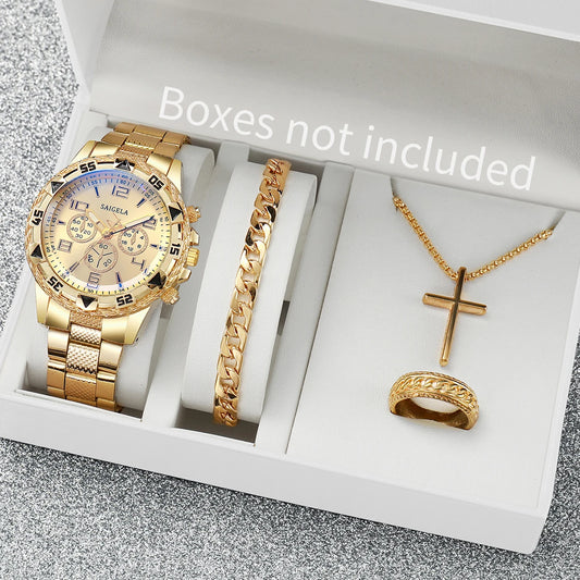 Luxorive Regal Gold Set – 4‑Piece Men’s Quartz Watch & Jewelry Combo (Without Box)