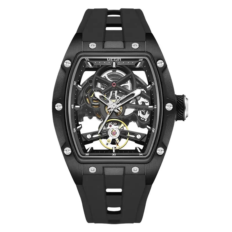 Luxorive MEGIR 2242 – Automatic Tonneau Dial Men’s Watch | Black Silicone Strap | Luminous Sport Design