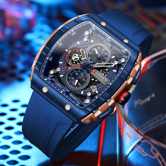 CURREN Square Business Sport Watch – Large Dial Quartz Wristwatch with Silicone Band & Luminous Hands