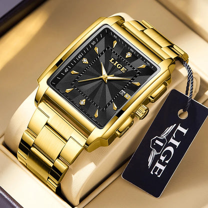 LIGE Men’s Luxury Square Sport Watch – Waterproof Business Military Quartz Chronograph