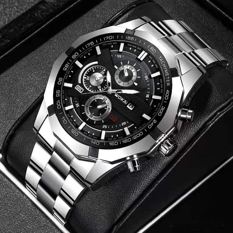 Luxorive MetroChron – 3‑Eye Quartz Watch for Men | Steel Bracelet, Roman + Index Dial
