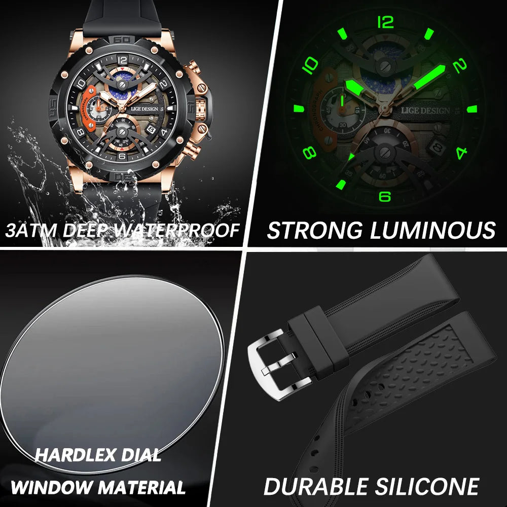 LIGE Sports Chronograph is a premium-quality men’s wristwatch featuring a rugged design with real chronograph sub-dials, made for active and style-conscious individuals.