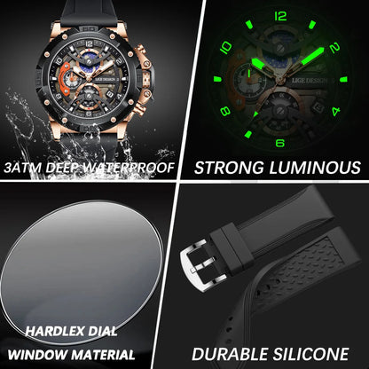 LIGE Sports Chronograph is a premium-quality men’s wristwatch featuring a rugged design with real chronograph sub-dials, made for active and style-conscious individuals.