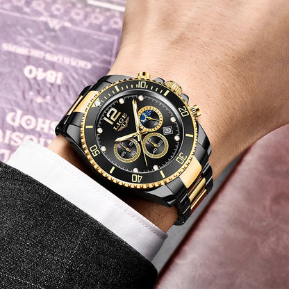 LIGE Men’s Luxury Military Quartz Watch – Full Steel Waterproof Chronograph