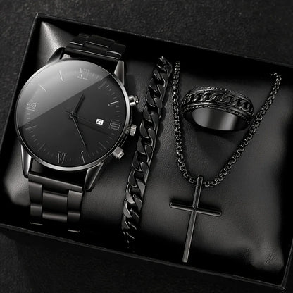 Luxorive Essential Gift Set – 4‑Piece Men's Black Calendar Quartz Watch + Cross Necklace, Ring & Bracelet