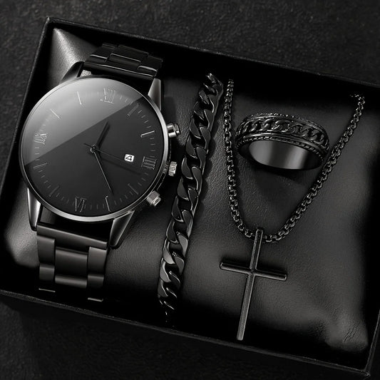 Luxorive Essential Gift Set – 4‑Piece Men's Black Calendar Quartz Watch + Cross Necklace, Ring & Bracelet