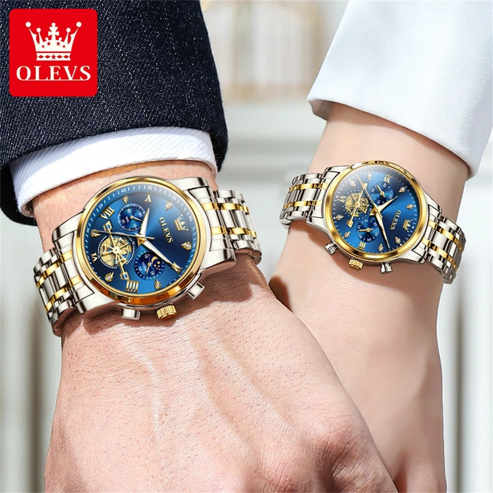 OLEVS Luxury Flywheel Design Couple Wristwatch Chronograph Waterproof Moon Phase Watch Brand Original Quartz Watch for Men Women