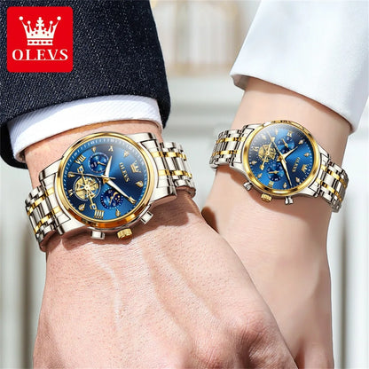OLEVS Luxury Flywheel Design Couple Wristwatch Chronograph Waterproof Moon Phase Watch Brand Original Quartz Watch for Men Women