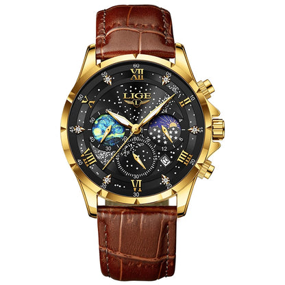 LIGE 2024 Men’s Luxury Genuine Leather Sports Military Quartz Watch with Date