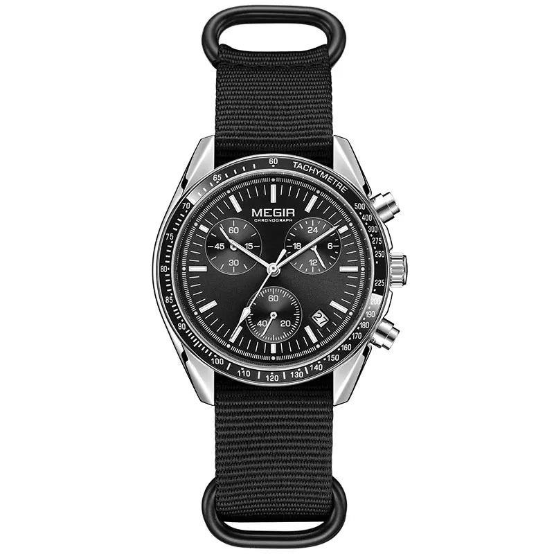 MEGIR New Men's Nylon Braided Strap Waterproof Night-light Sports Quartz Watch with Chronograph Fashion Triple-eye Wristwatch wi