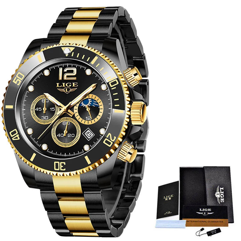 LIGE Men’s Luxury Military Quartz Watch – Full Steel Waterproof Chronograph