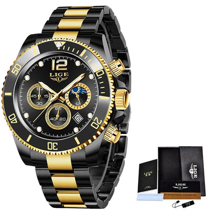 LIGE Men’s Luxury Military Quartz Watch – Full Steel Waterproof Chronograph
