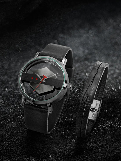 TOMI New 2PCS Men's Gift Box Watch Bracelet Simple and Fashionable Hollow out Versatile Black Strap Men's Quartz Watch Reloj