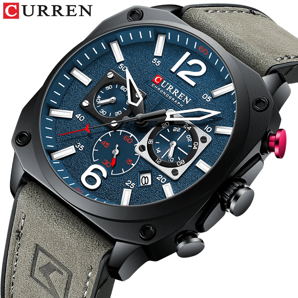 CURREN Men's Waterproof Fashion Quartz Chronograph Watch – Leather Strap, Luminous Calendar
