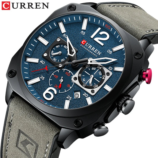 CURREN Men's Waterproof Fashion Quartz Chronograph Watch – Leather Strap, Luminous Calendar