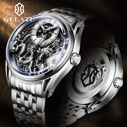 GELATU 6018 Men Watch Luxury Relief Dragon Pattern Watch Original Automatic Mechanical Watch Sapphire Waterproof Men's Watch