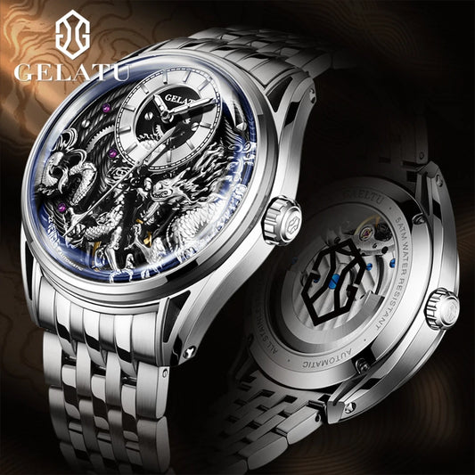 GELATU 6018 Men Watch Luxury Relief Dragon Pattern Watch Original Automatic Mechanical Watch Sapphire Waterproof Men's Watch