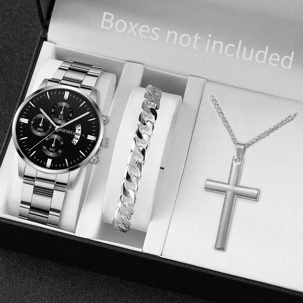 Luxorive Classic Trio – Men's Stainless Steel Calendar Quartz Watch Set (3‑Piece, No Box)