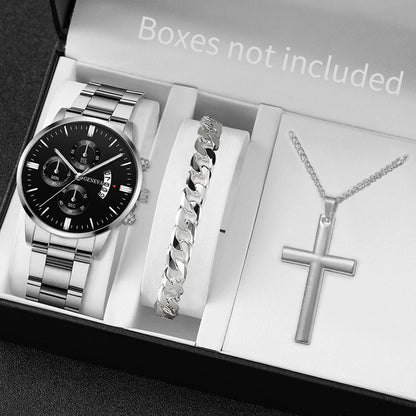 Luxorive Classic Trio – Men's Stainless Steel Calendar Quartz Watch Set (3‑Piece, No Box)