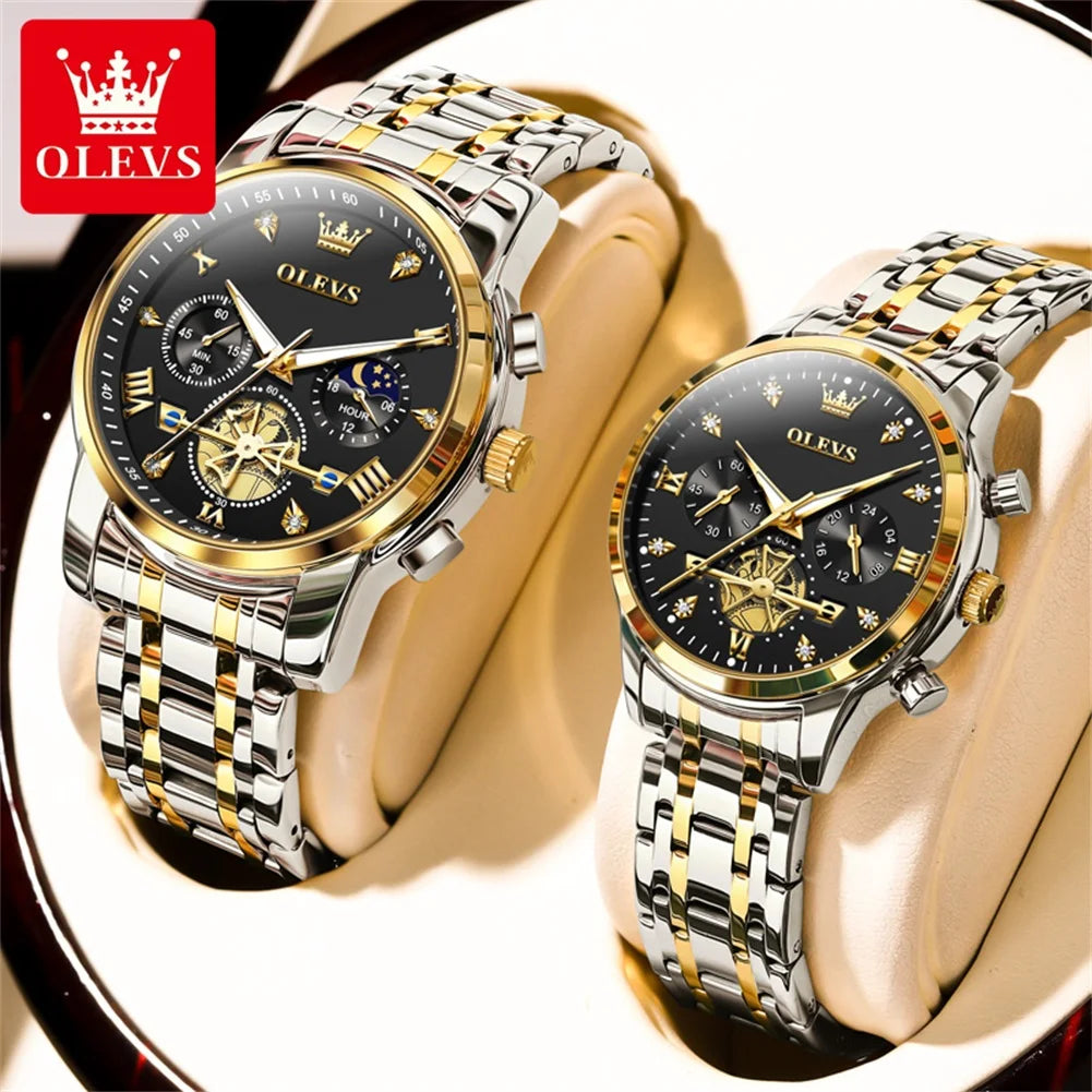 OLEVS Luxury Flywheel Design Couple Wristwatch Chronograph Waterproof Moon Phase Watch Brand Original Quartz Watch for Men Women