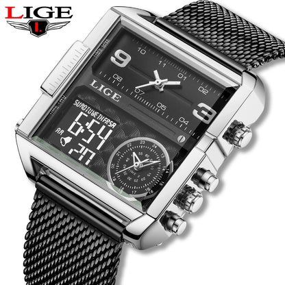 LIGE Men’s Black Steel Digital Dual Display Sports Chronograph – Waterproof Quartz Military Watch