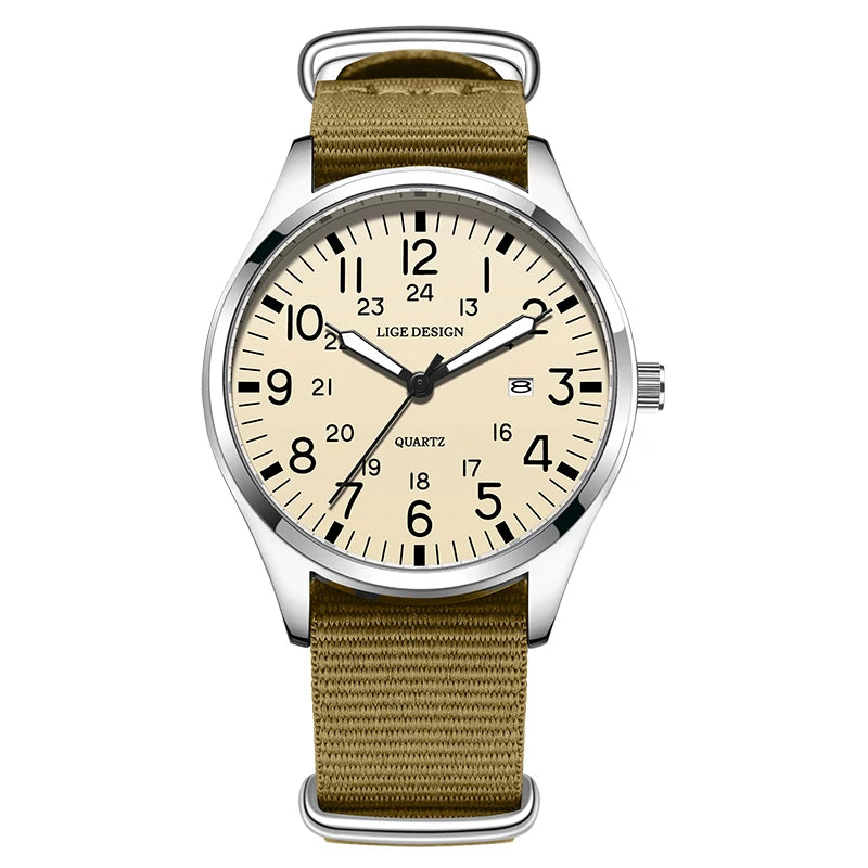 LIGE Luxury Military Quartz Watch for Men – Waterproof, Luminous, Nylon Leather Strap, Date Display