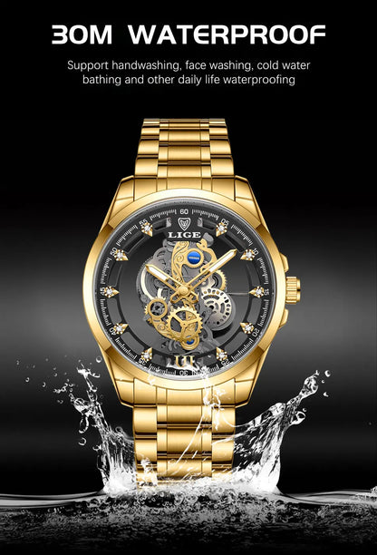 LIGE Men's Skeleton Quartz Watch – Luxury Retro Gold Wristwatch, Stainless Steel, Waterproof, Casual/Formal