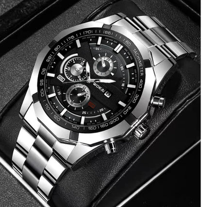 Luxorive MetroChron – 3‑Eye Quartz Watch for Men | Steel Bracelet, Roman + Index Dial