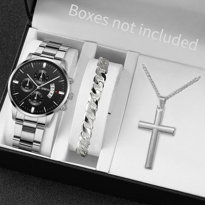 Luxorive Classic Trio – Men's Stainless Steel Calendar Quartz Watch Set (3‑Piece, No Box)