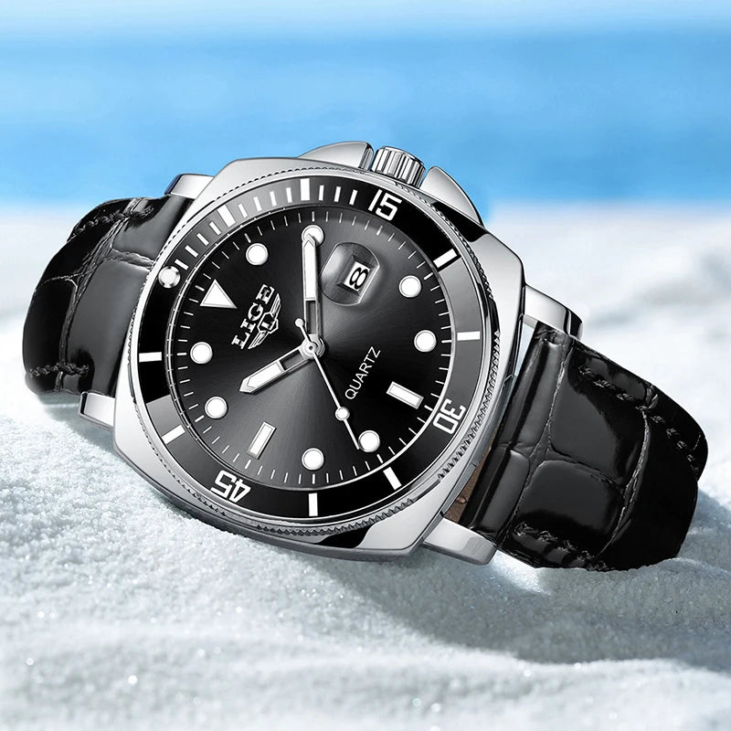 LIGE Men’s Business Military Sports Quartz Watch – Luxury Leather Waterproof Timepiece