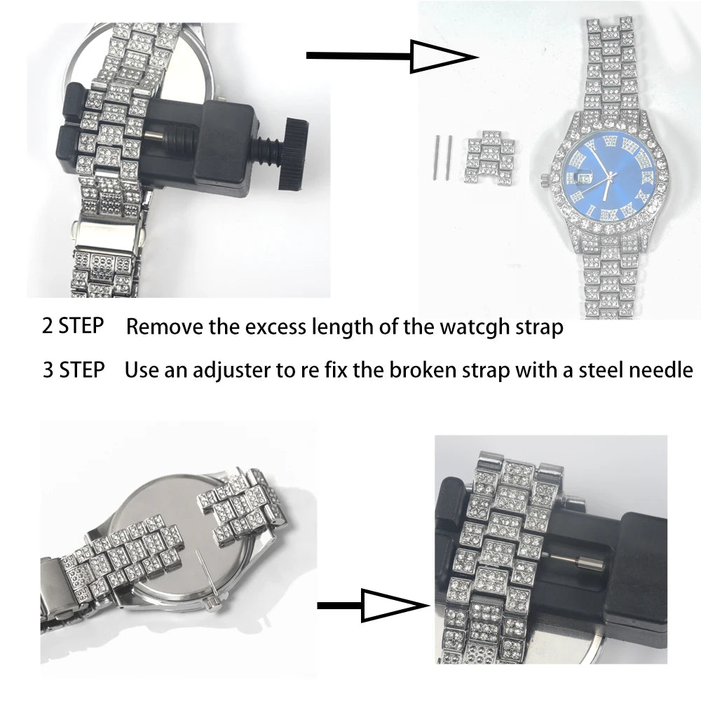 Men Women Quartz Watch Iced Out Hip-hop Punk Full Diamonds Wrist Watch Bundled Size Adjuster Stylish Party Jewelry Gift Box