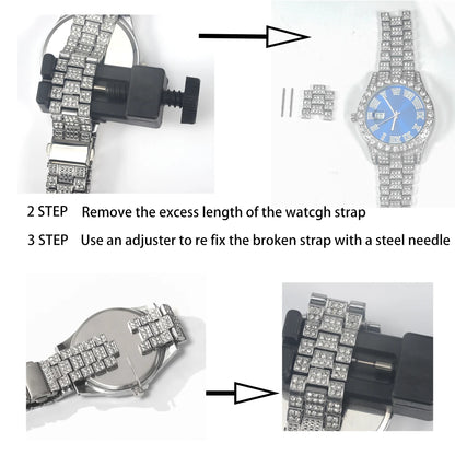 Men Women Quartz Watch Iced Out Hip-hop Punk Full Diamonds Wrist Watch Bundled Size Adjuster Stylish Party Jewelry Gift Box