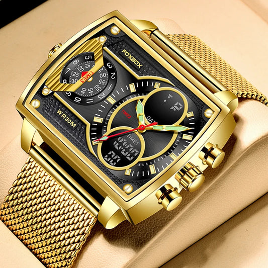 LIGE Luxury Men’s Square Watch – FOXBOX Fashion Casual Sports Waterproof Double Display