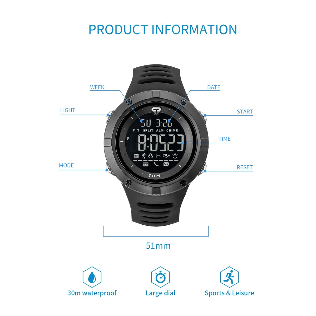 TOMI Men's Watch Night Glow Waterproof Fashion Digital TPU Material Sports Watch
