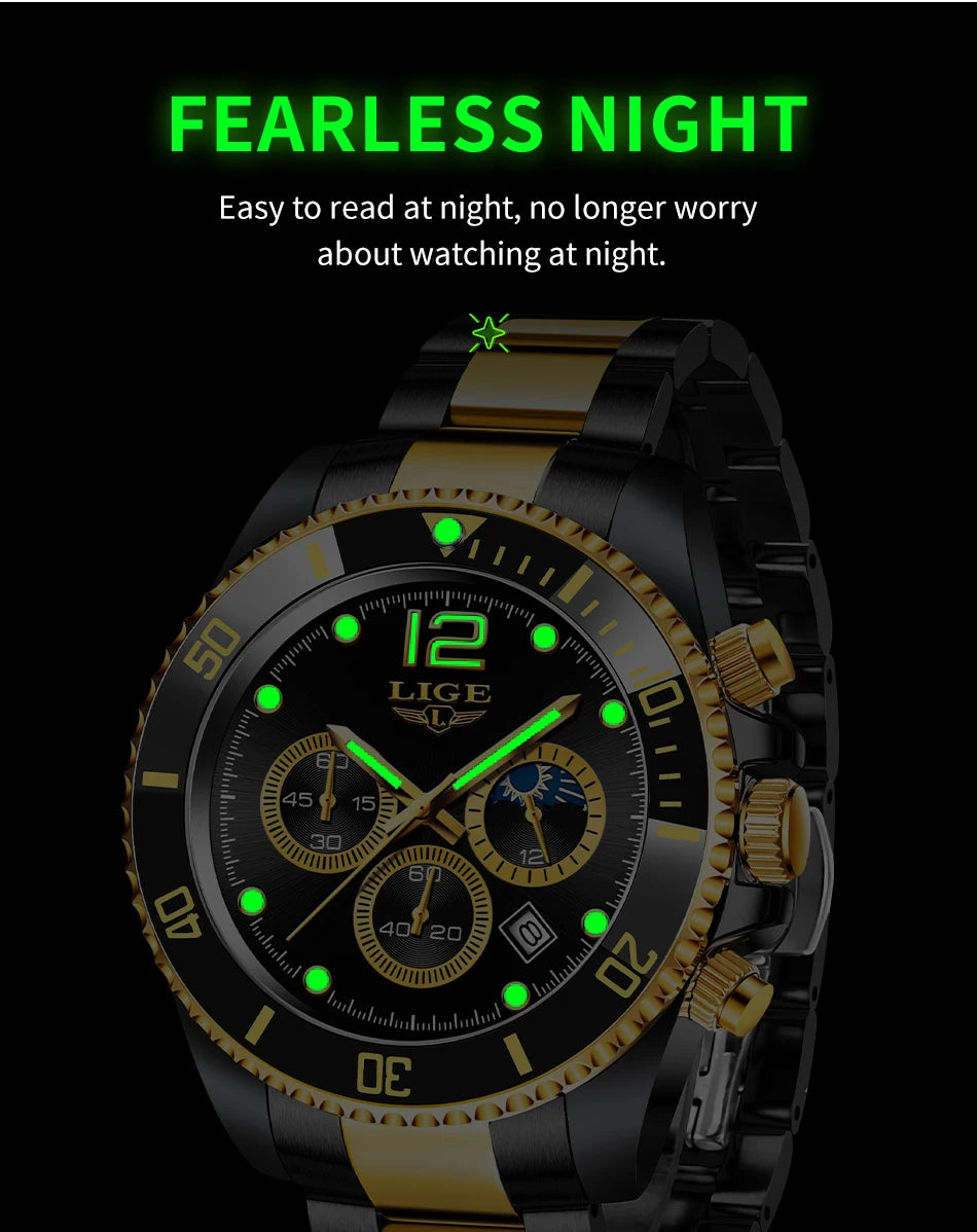 LIGE Men’s Luxury Military Quartz Watch – Full Steel Waterproof Chronograph