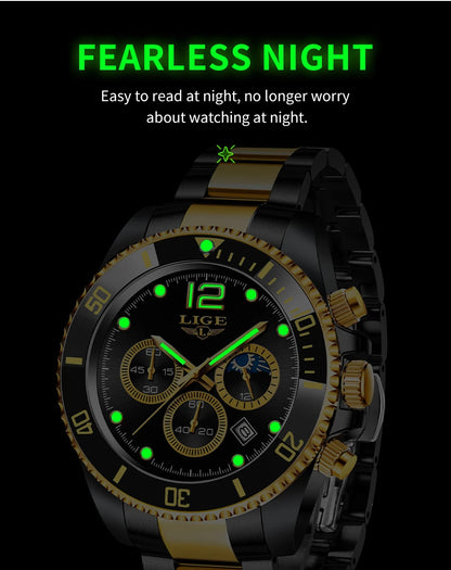 LIGE Men’s Luxury Military Quartz Watch – Full Steel Waterproof Chronograph