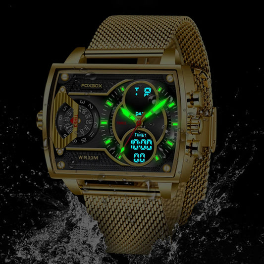 LIGE Luxury Men’s Square Watch – FOXBOX Fashion Casual Sports Waterproof Double Display