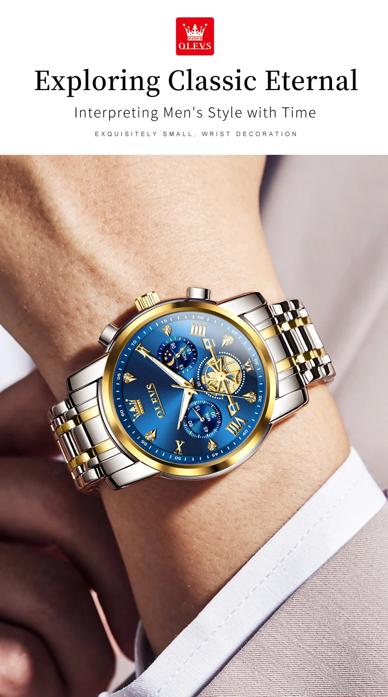OLEVS Luxury Flywheel Design Couple Wristwatch Chronograph Waterproof Moon Phase Watch Brand Original Quartz Watch for Men Women