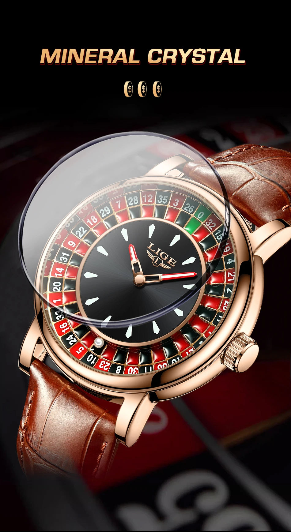 LIGE Fashion Roulette Dial Men's Watch – Brown Leather Edition
