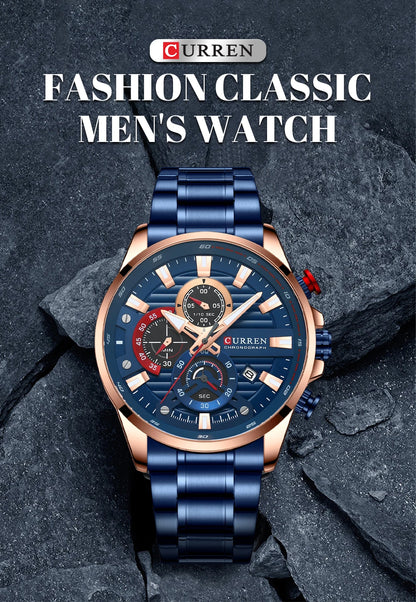 CURREN Men’s Sports Casual Quartz Watch – Stainless Steel Chronograph with Auto Date