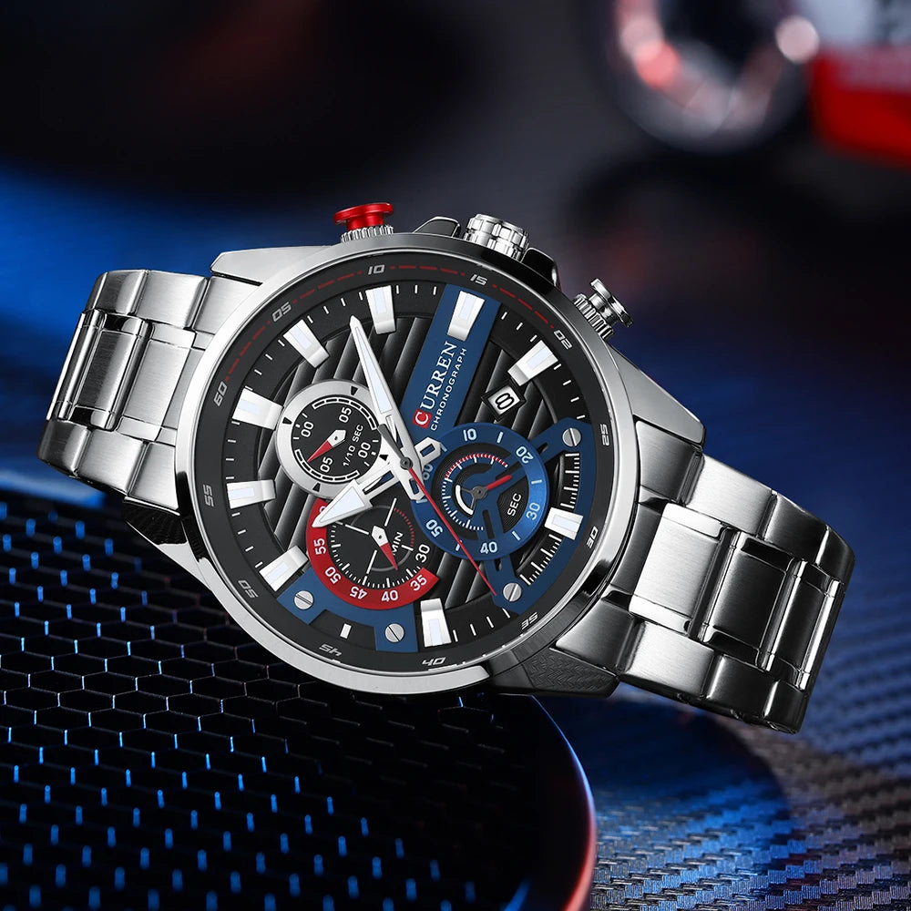 CURREN Men’s Sports Casual Quartz Watch – Stainless Steel Chronograph with Auto Date