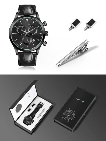 TOMI 4PCS Set Luxury Business Men's Quartz Watch Casual Fashion Versatile Watch Men's Cufflinks Tie Clip Watch Festival Gift