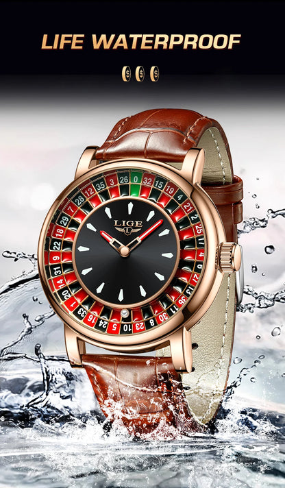 LIGE Fashion Roulette Dial Men's Watch – Brown Leather Edition