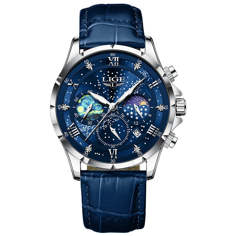 LIGE 2024 Men’s Luxury Genuine Leather Sports Military Quartz Watch with Date